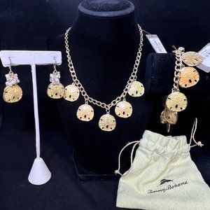Tommy Bahama Gold Tone Sand Dollar Necklace, Earrings And Bracelet (3679)